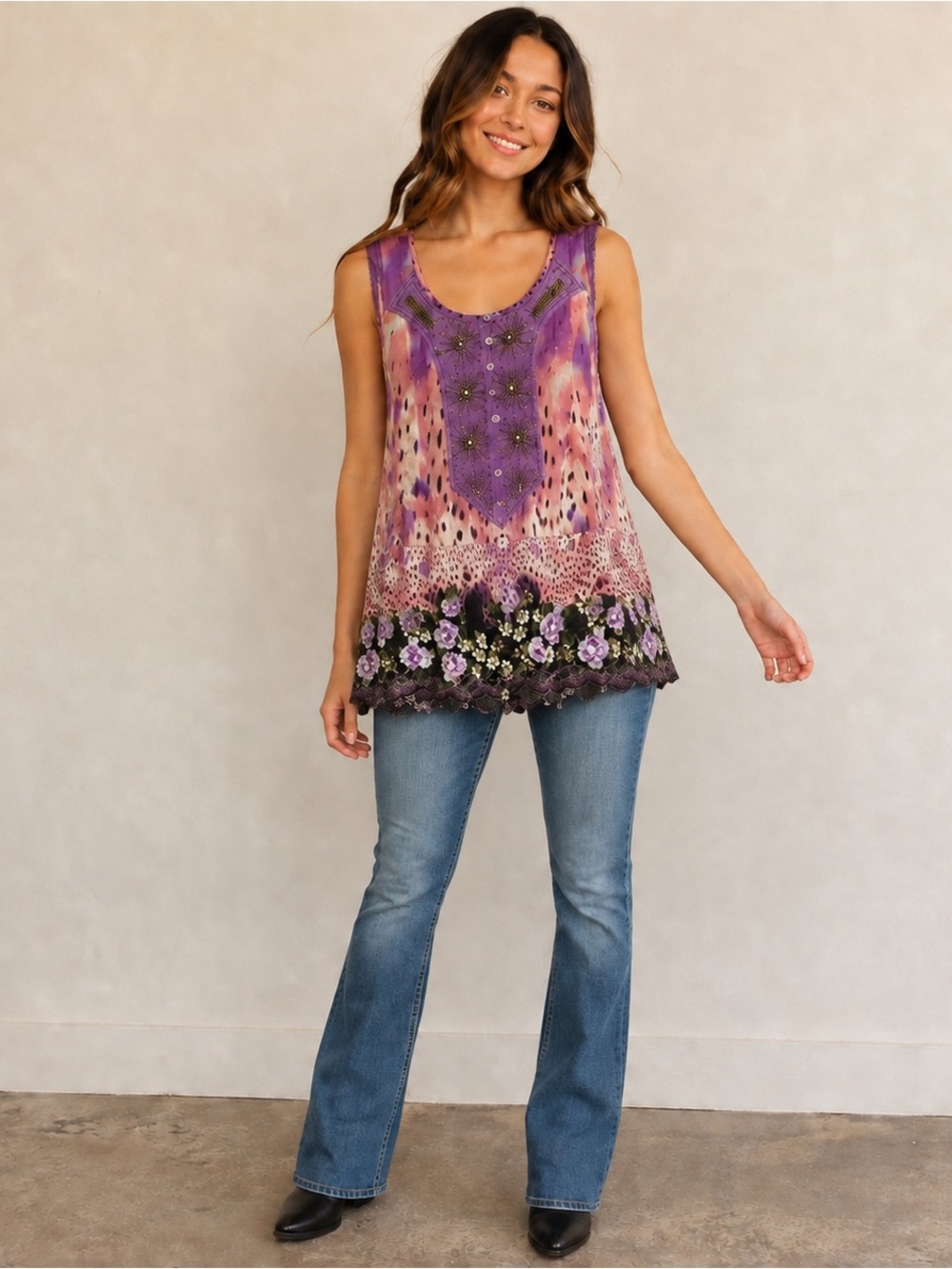 Dressbarn Pink Purple Beaded Boho Sleeveless Tunic Top Size Medium Y2K Festival
